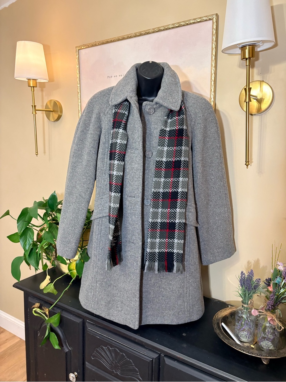 East 5th Grey Pea Coat with Plaid Scarf